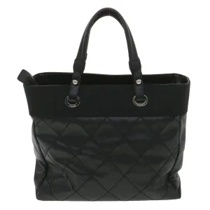 Chanel Paris Biarritz MM Tote Bag Coated Canvas Black CC  37855