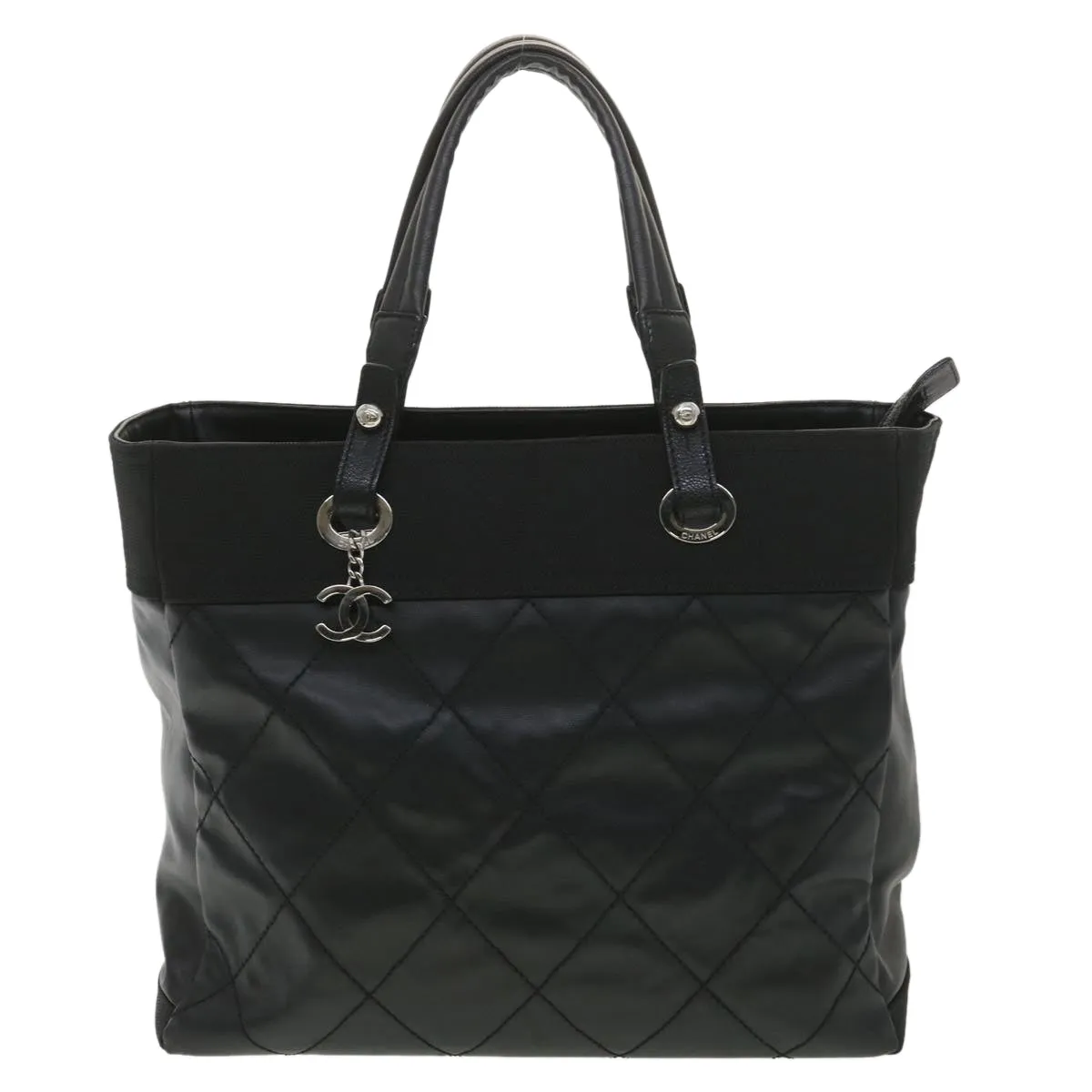 Chanel Paris Biarritz MM Tote Bag Coated Canvas Black CC  37855