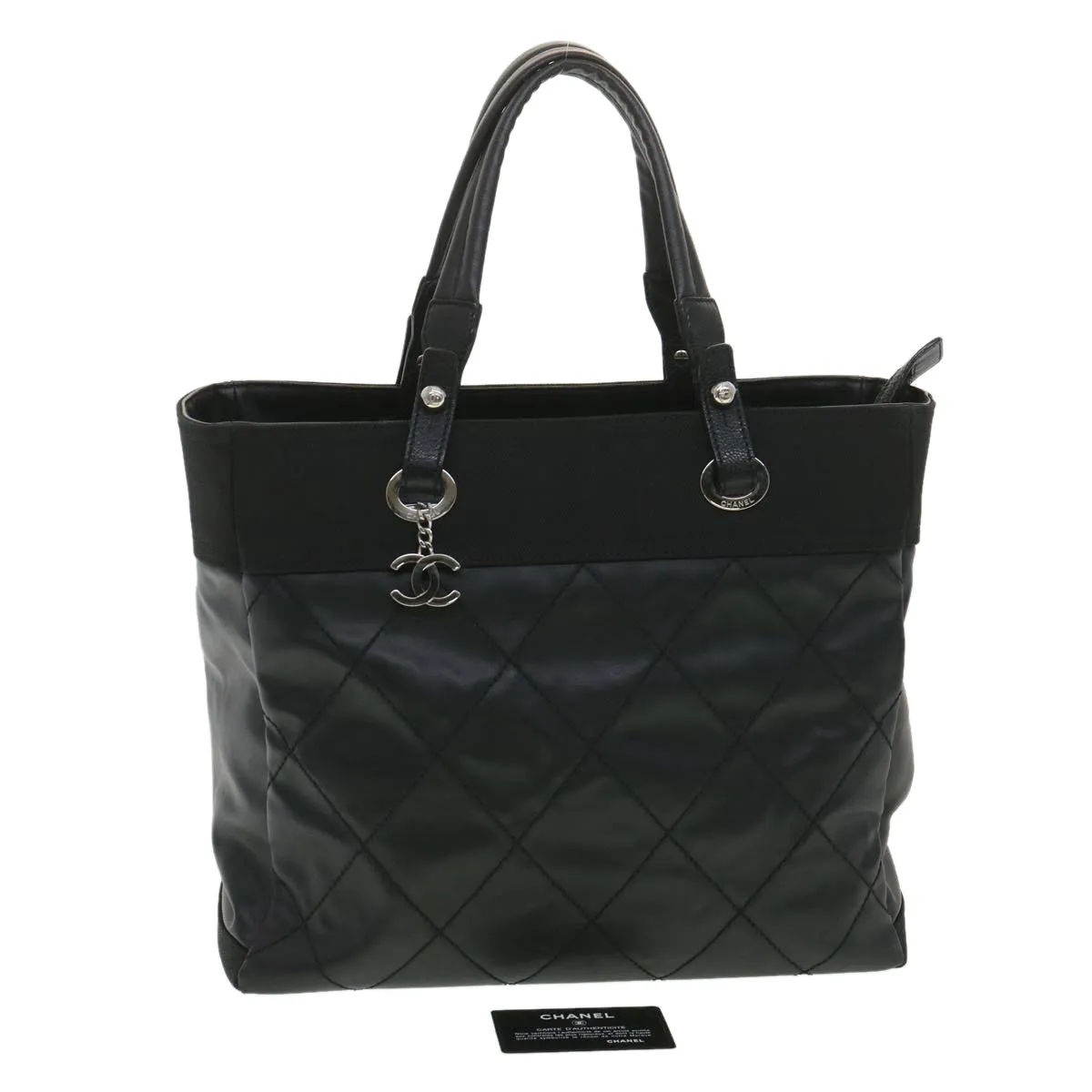 Chanel Paris Biarritz MM Tote Bag Coated Canvas Black CC  37855