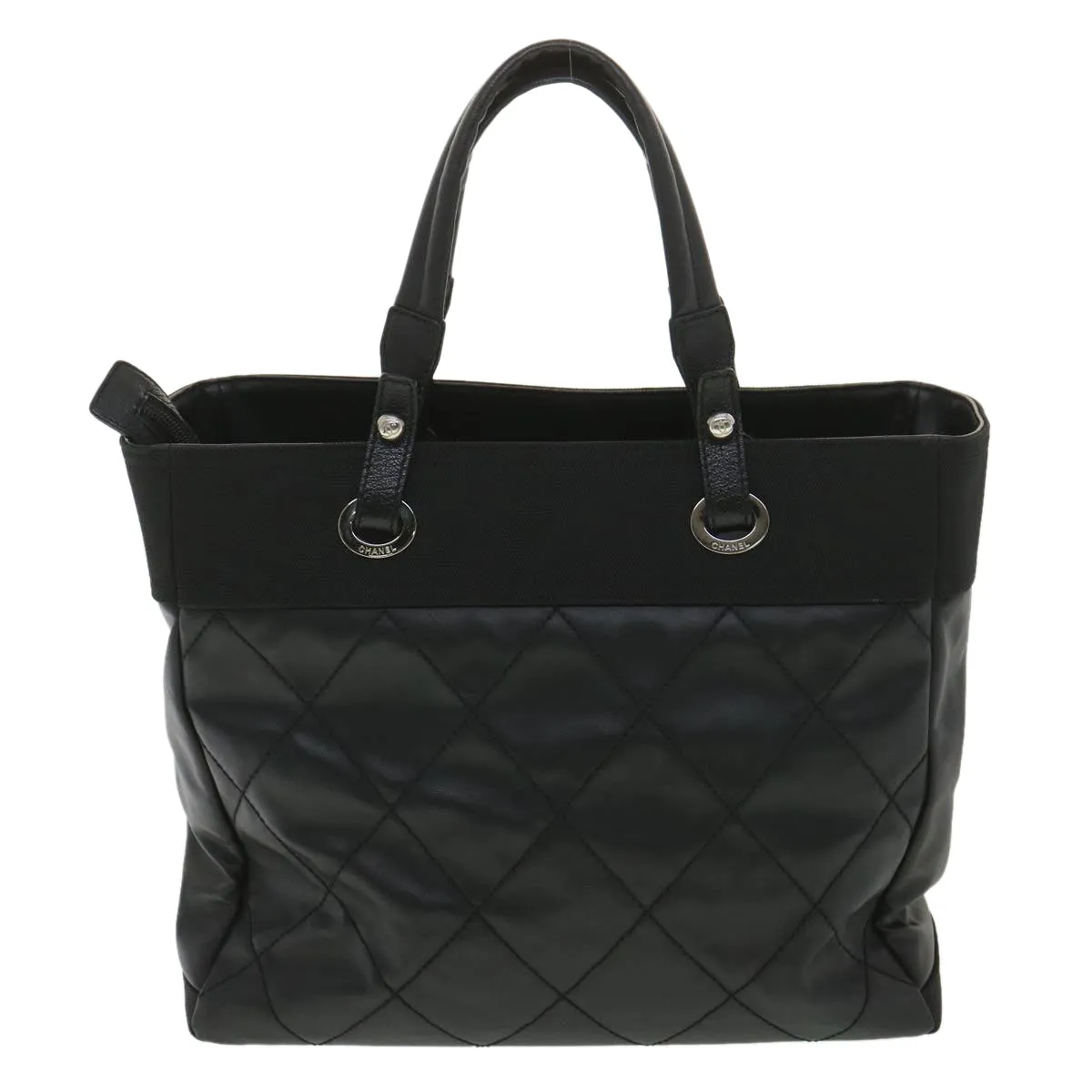 Chanel Paris Biarritz MM Tote Bag Coated Canvas Black CC  37855