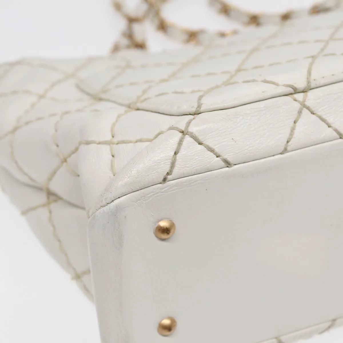 CHANEL Wild Stitch Chain Tote Bag Leather White Gold CC Auth bs17226