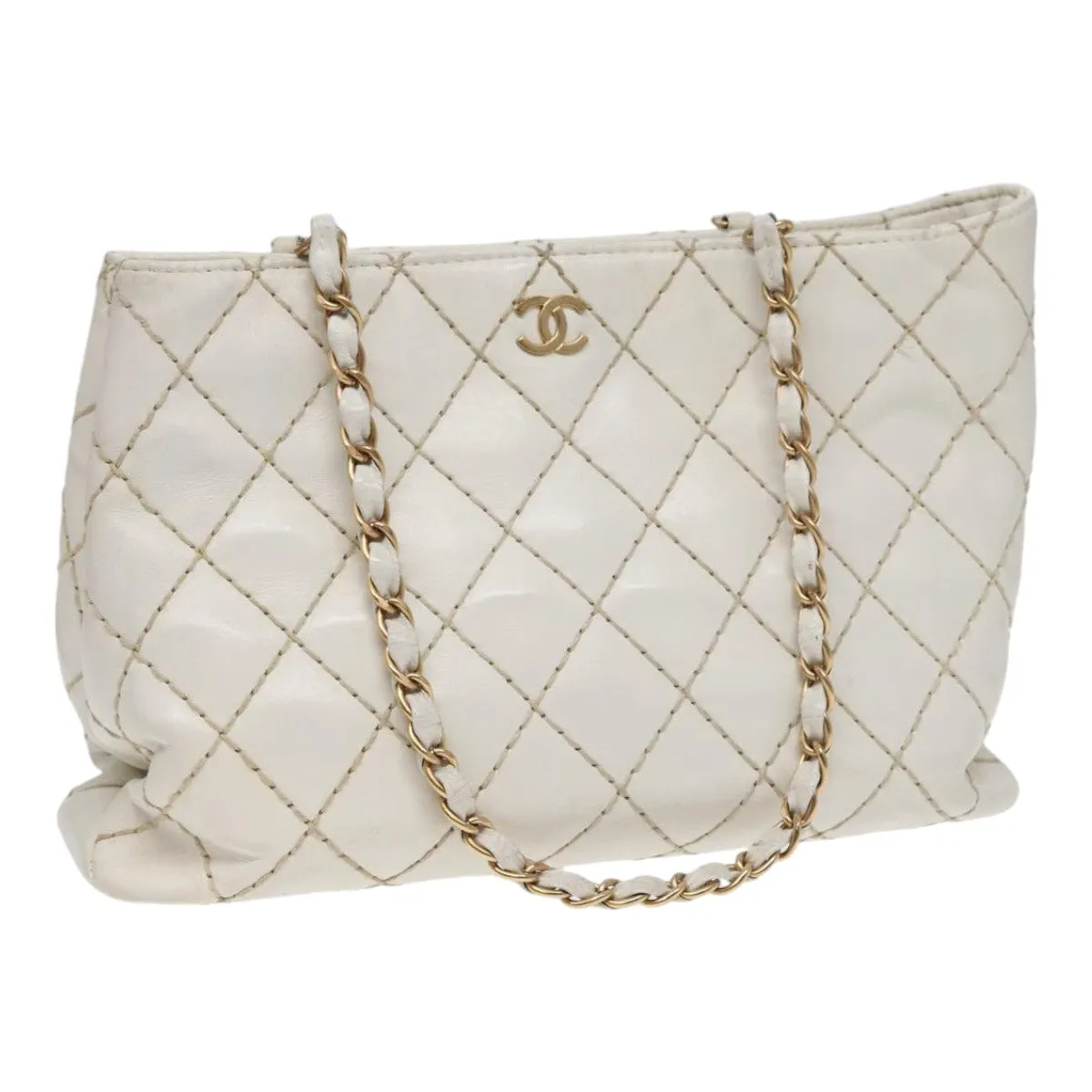 CHANEL Wild Stitch Chain Tote Bag Leather White Gold CC Auth bs17226