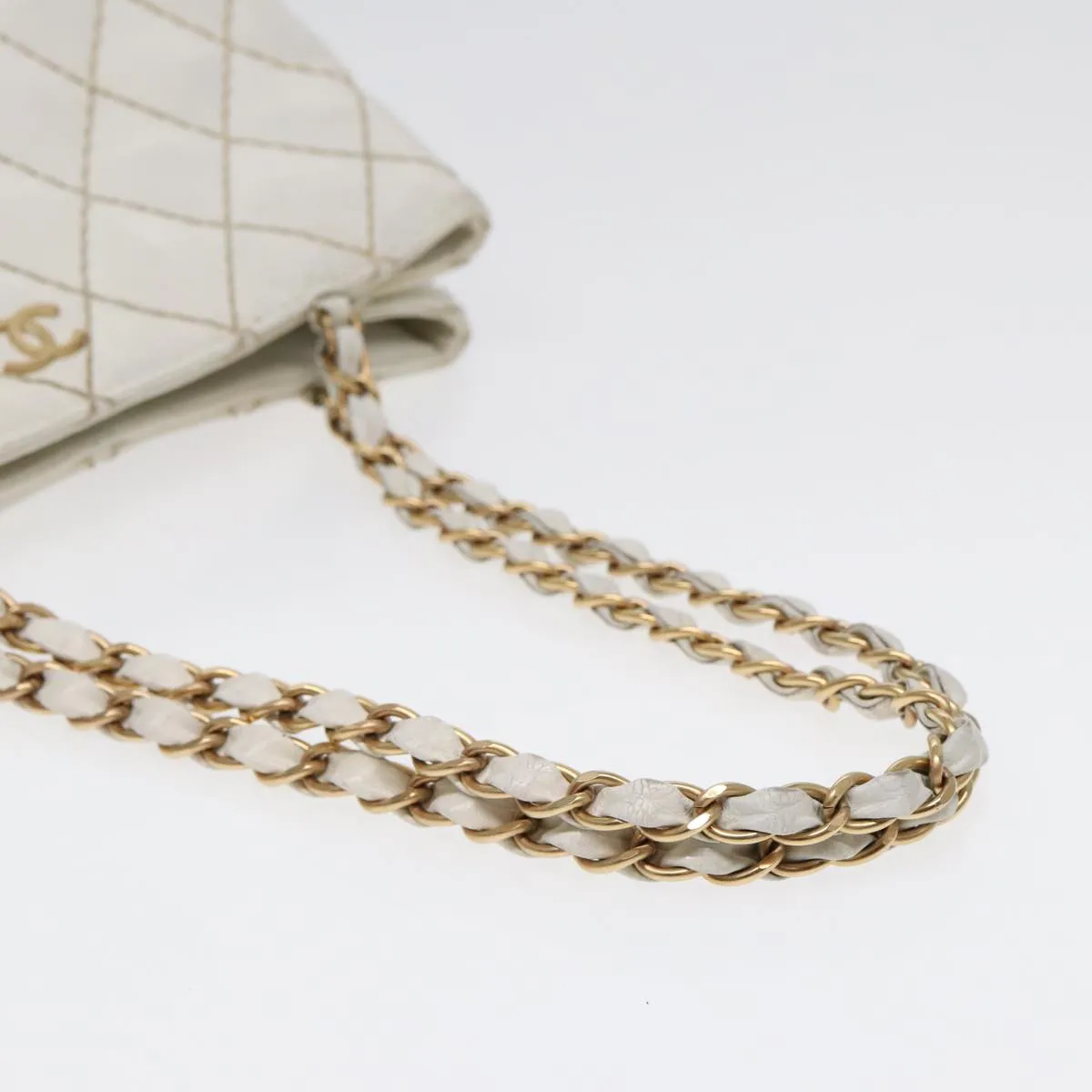 CHANEL Wild Stitch Chain Tote Bag Leather White Gold CC Auth bs17226