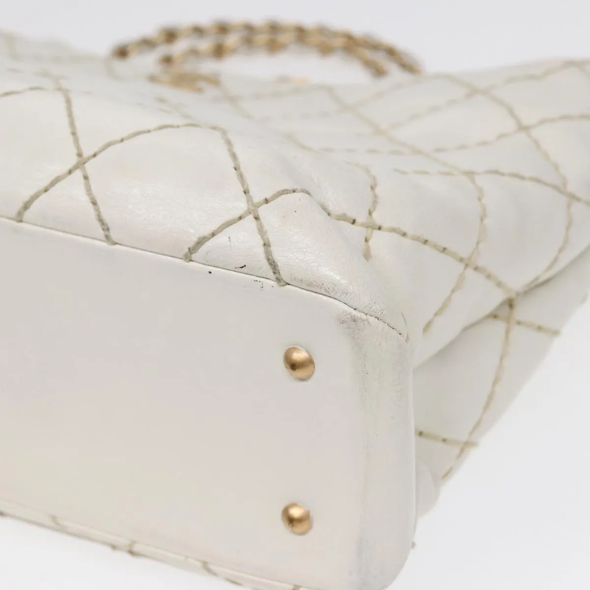 CHANEL Wild Stitch Chain Tote Bag Leather White Gold CC Auth bs17226