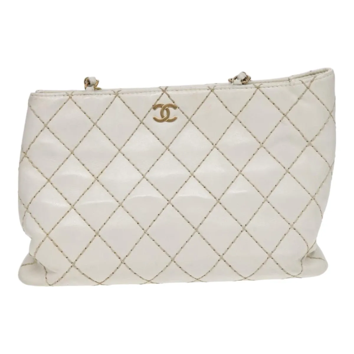 CHANEL Wild Stitch Chain Tote Bag Leather White Gold CC Auth bs17226