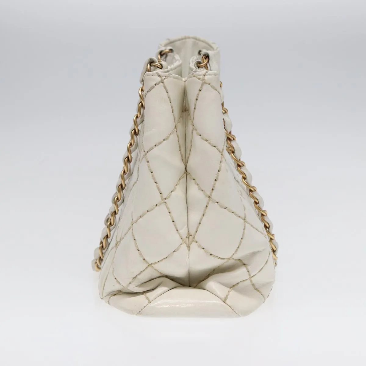CHANEL Wild Stitch Chain Tote Bag Leather White Gold CC Auth bs17226