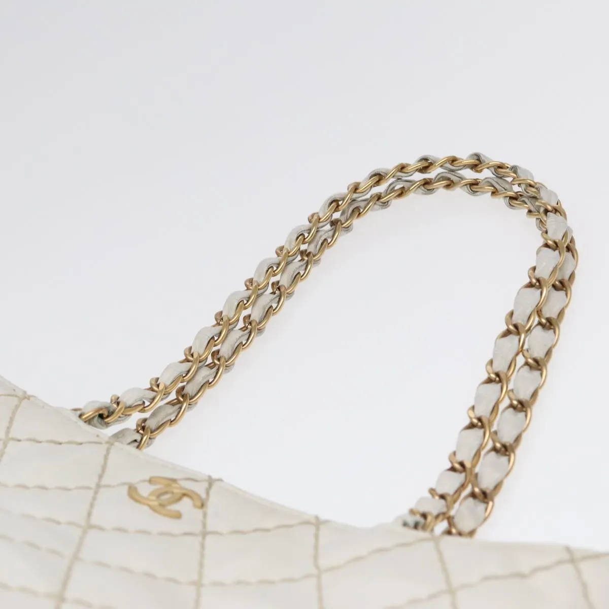 CHANEL Wild Stitch Chain Tote Bag Leather White Gold CC Auth bs17226