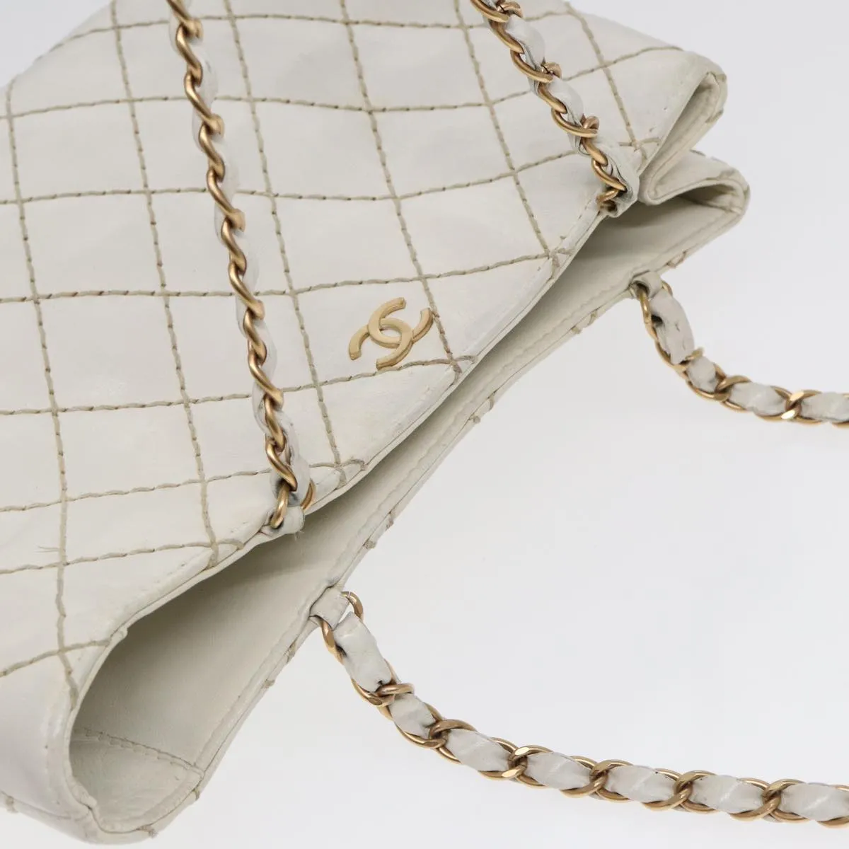 CHANEL Wild Stitch Chain Tote Bag Leather White Gold CC Auth bs17226