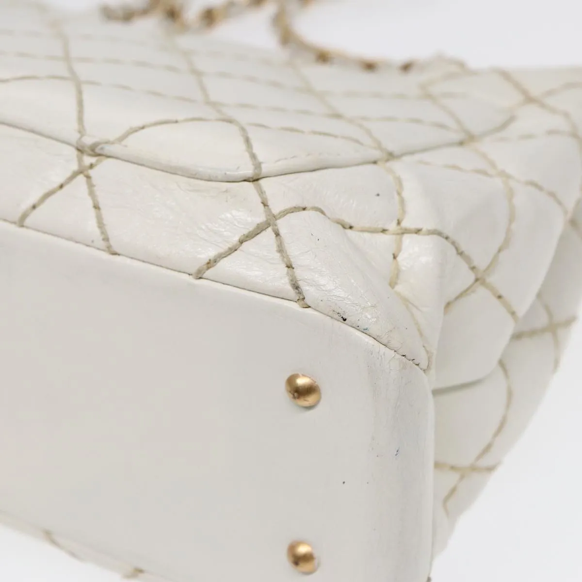 CHANEL Wild Stitch Chain Tote Bag Leather White Gold CC Auth bs17226