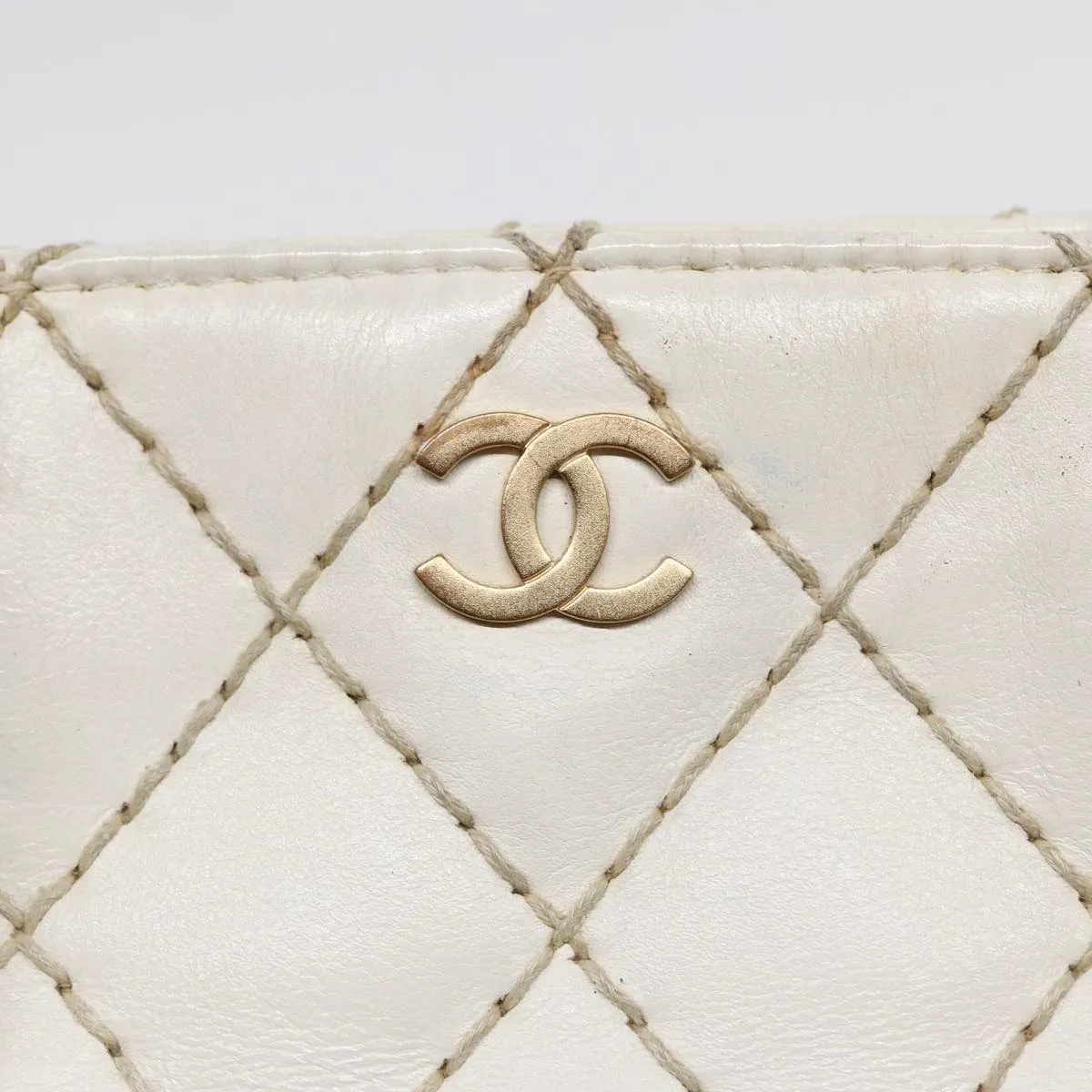 CHANEL Wild Stitch Chain Tote Bag Leather White Gold CC Auth bs17226