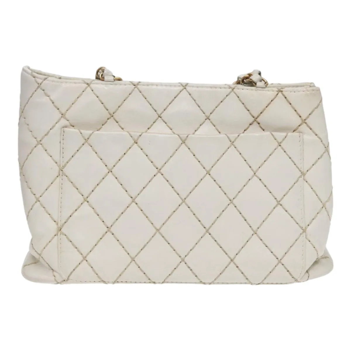 CHANEL Wild Stitch Chain Tote Bag Leather White Gold CC Auth bs17226