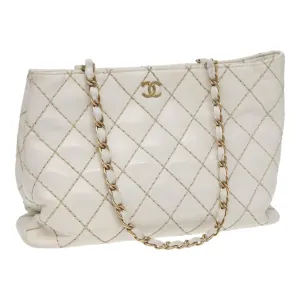 CHANEL Wild Stitch Chain Tote Bag Leather White Gold CC Auth bs17226