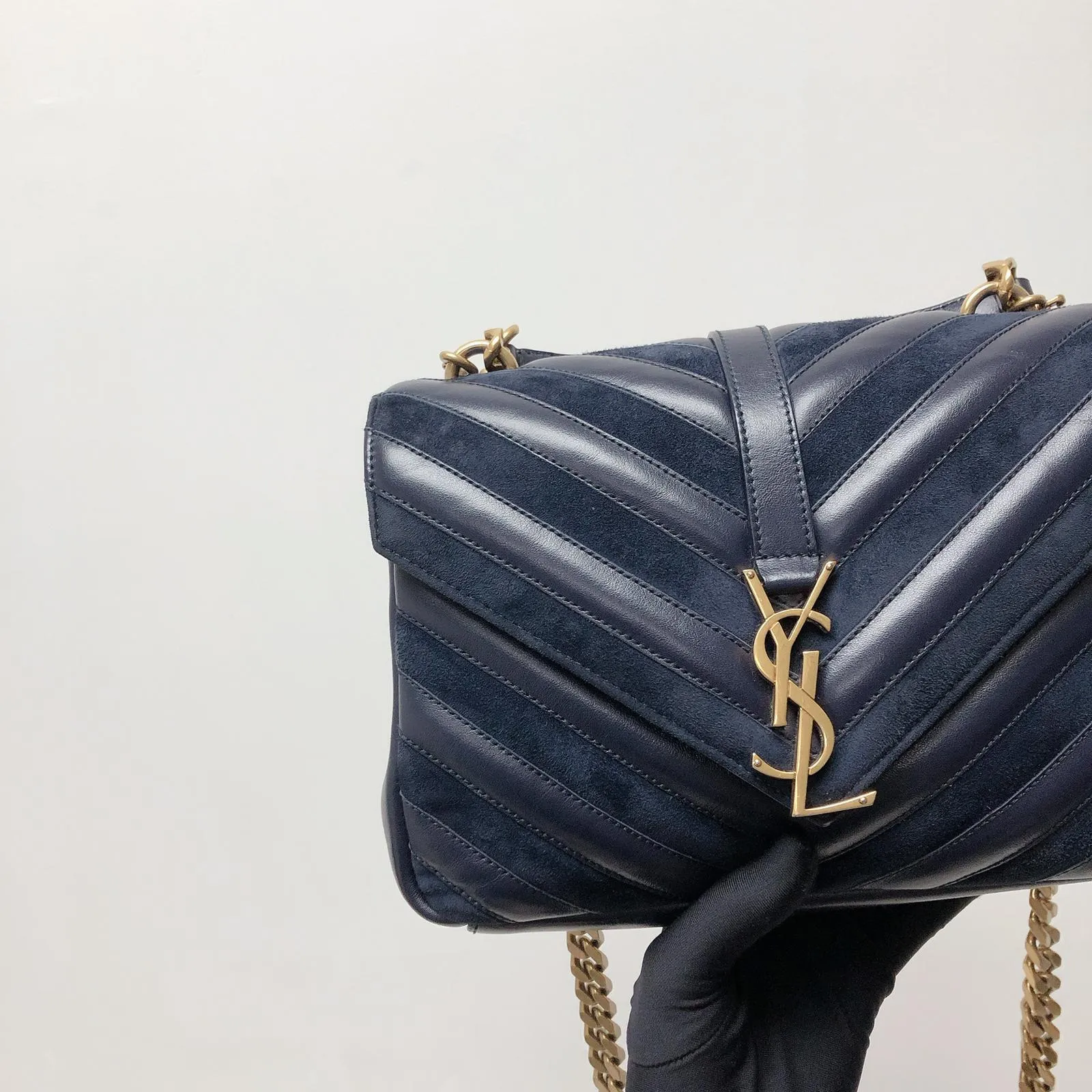 Chevron Quilted Leather Monogram Medium College Bag Navy Blue