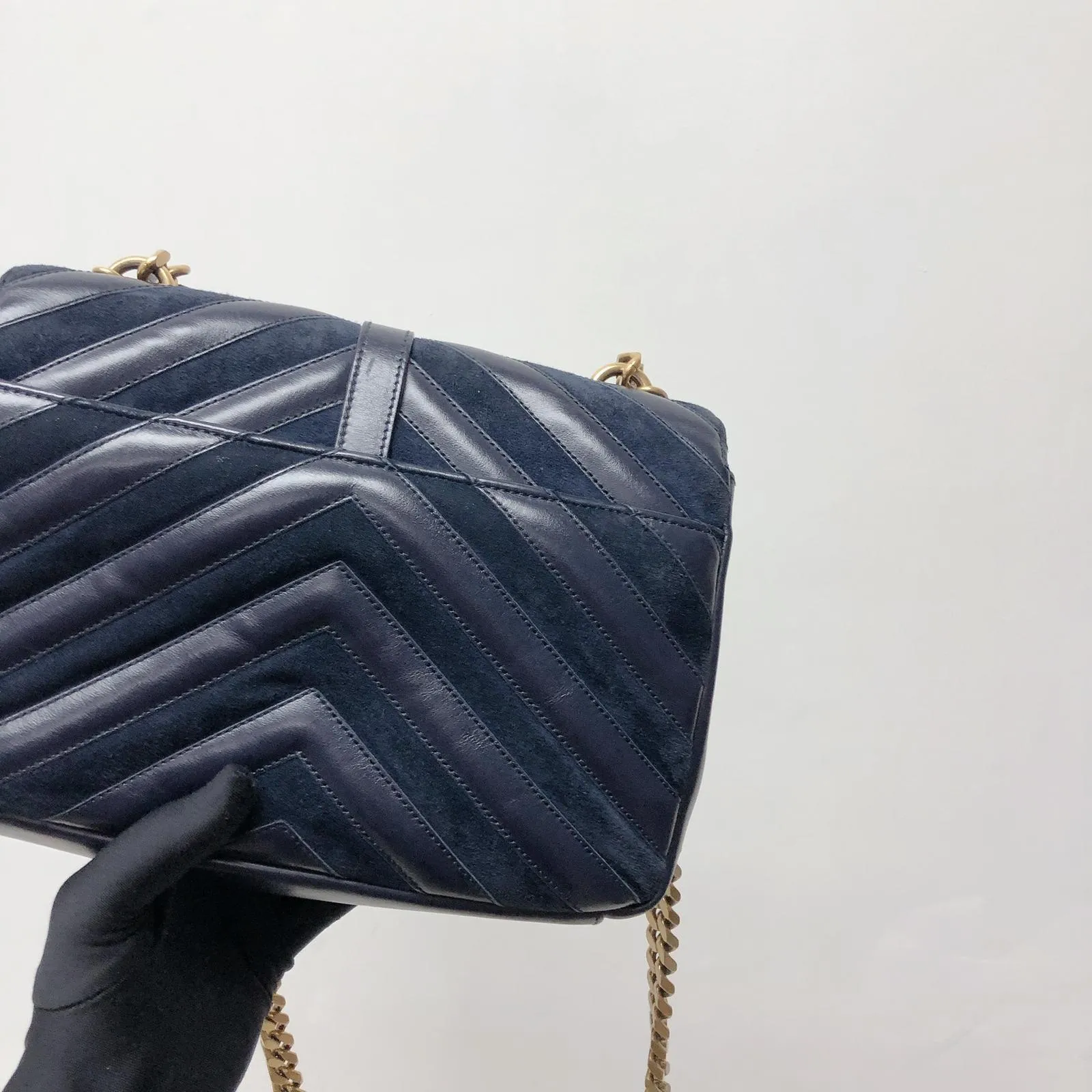 Chevron Quilted Leather Monogram Medium College Bag Navy Blue