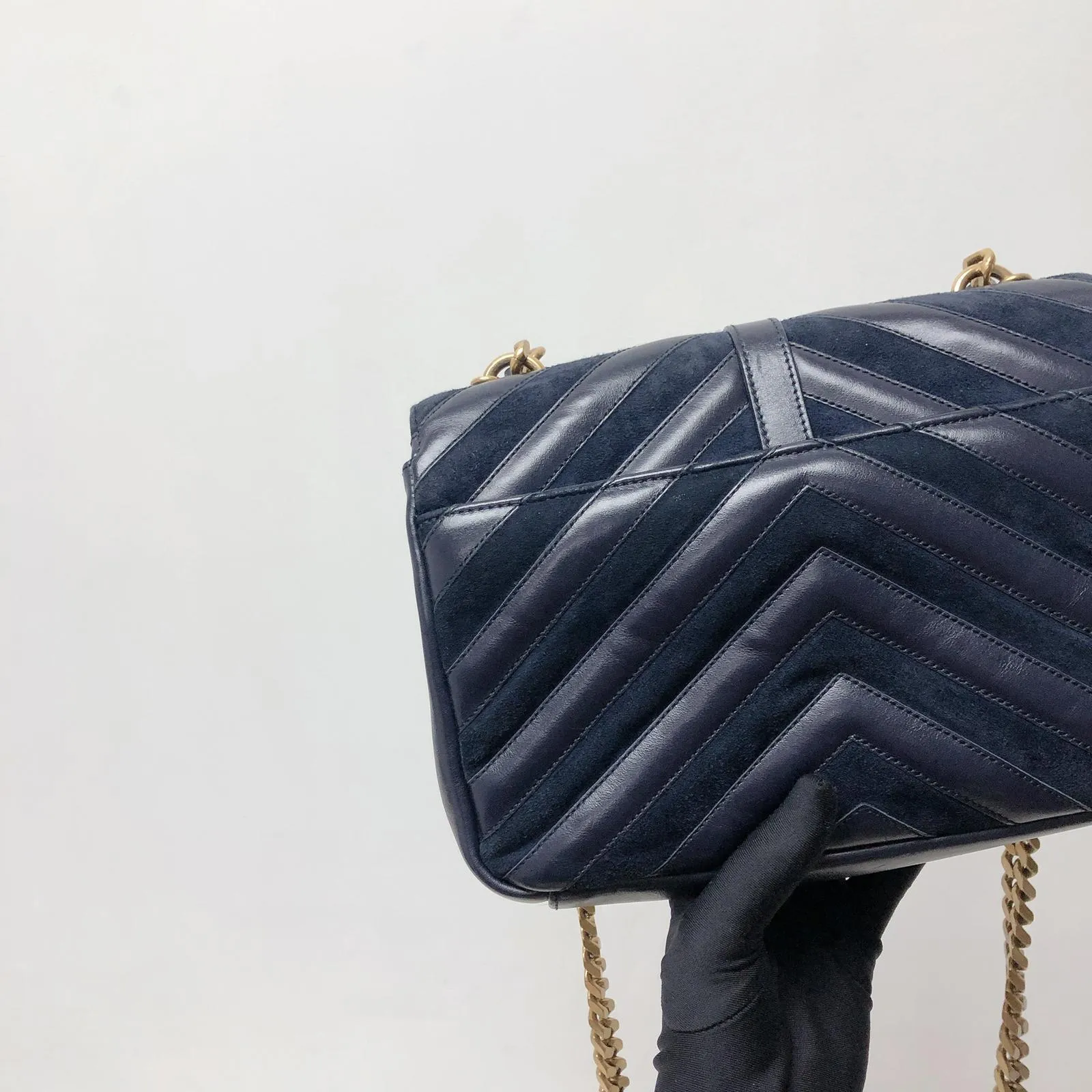 Chevron Quilted Leather Monogram Medium College Bag Navy Blue