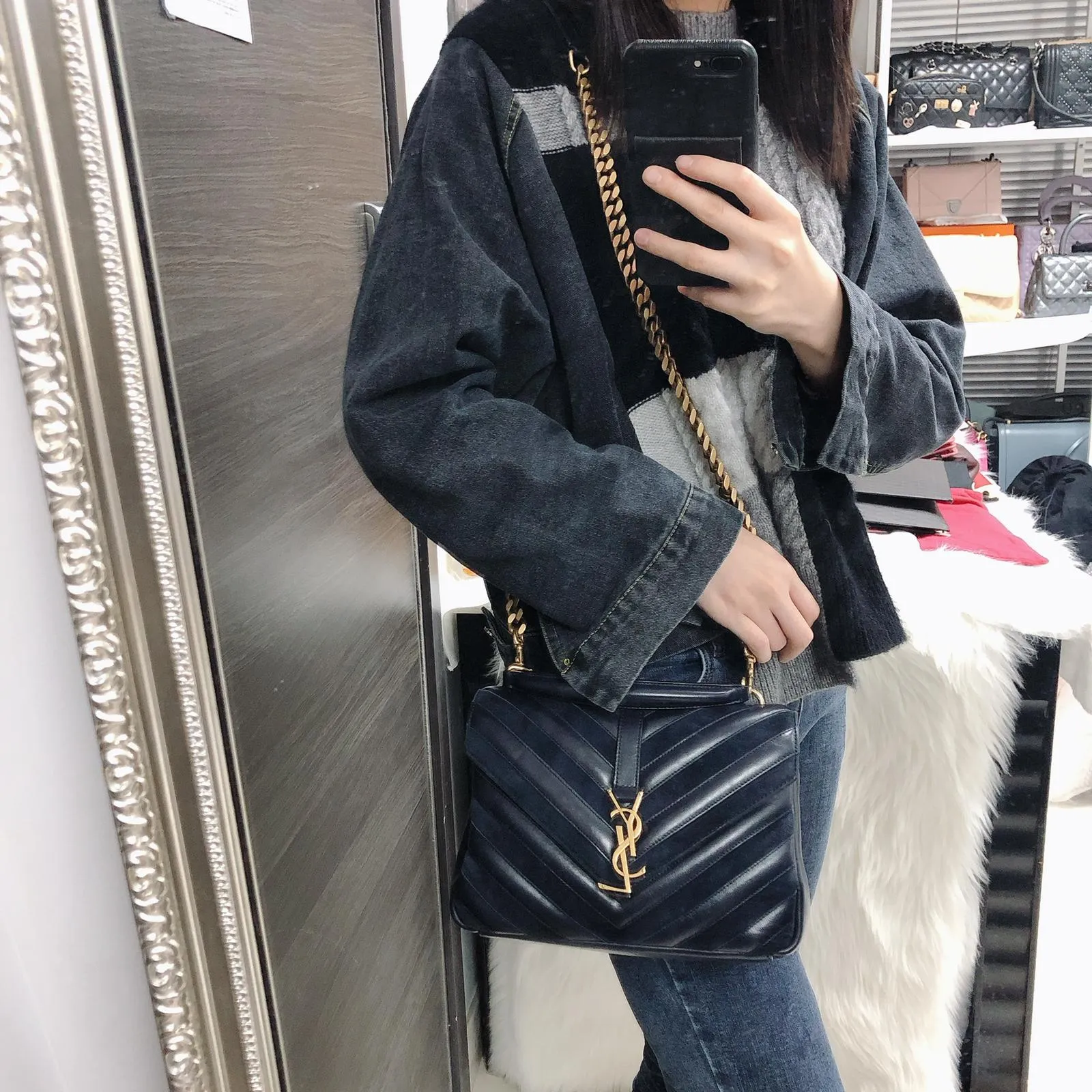 Chevron Quilted Leather Monogram Medium College Bag Navy Blue