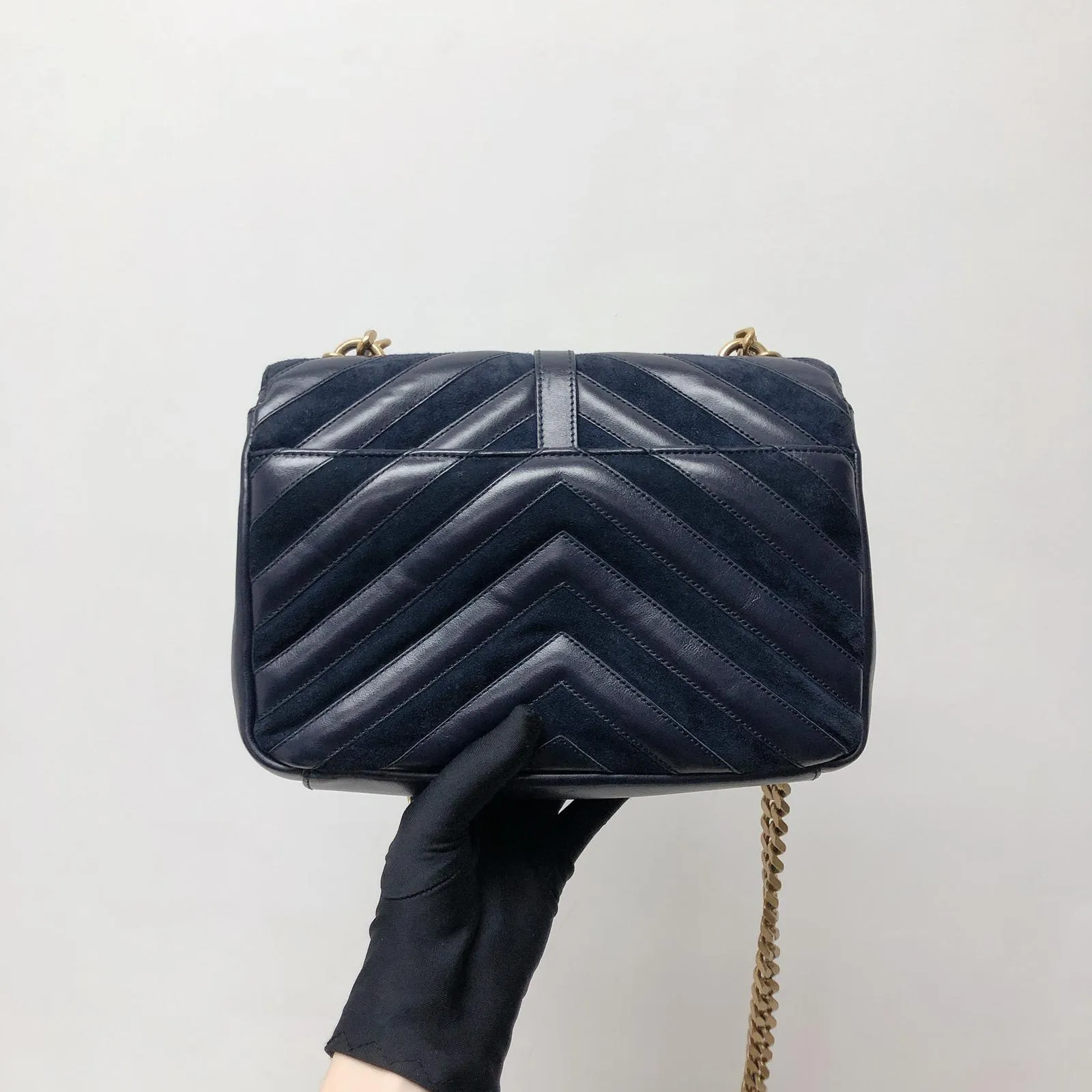 Chevron Quilted Leather Monogram Medium College Bag Navy Blue