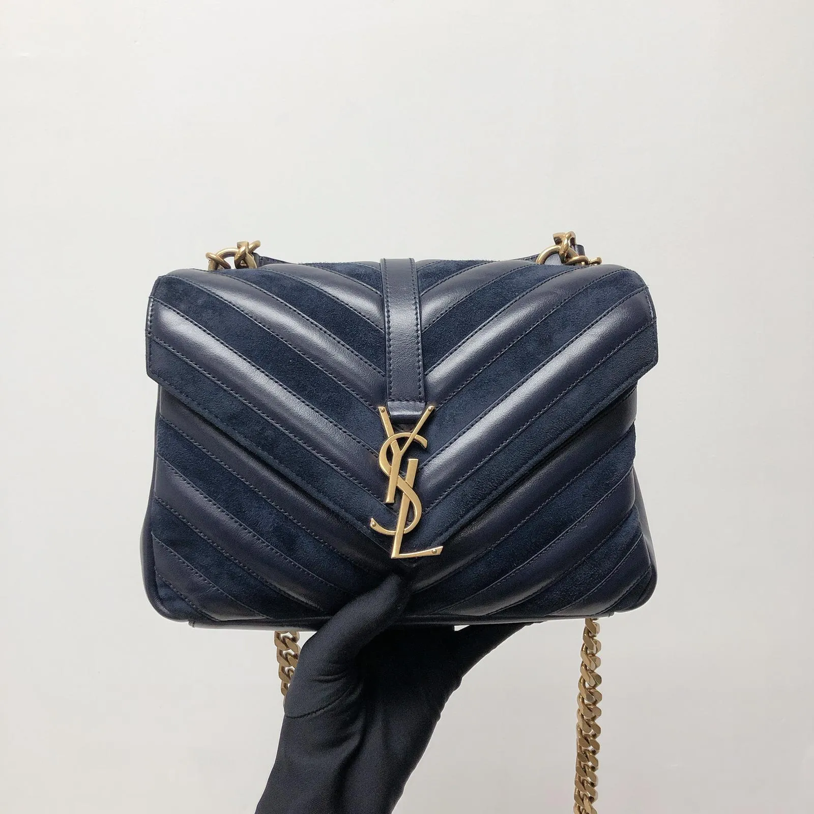 Chevron Quilted Leather Monogram Medium College Bag Navy Blue