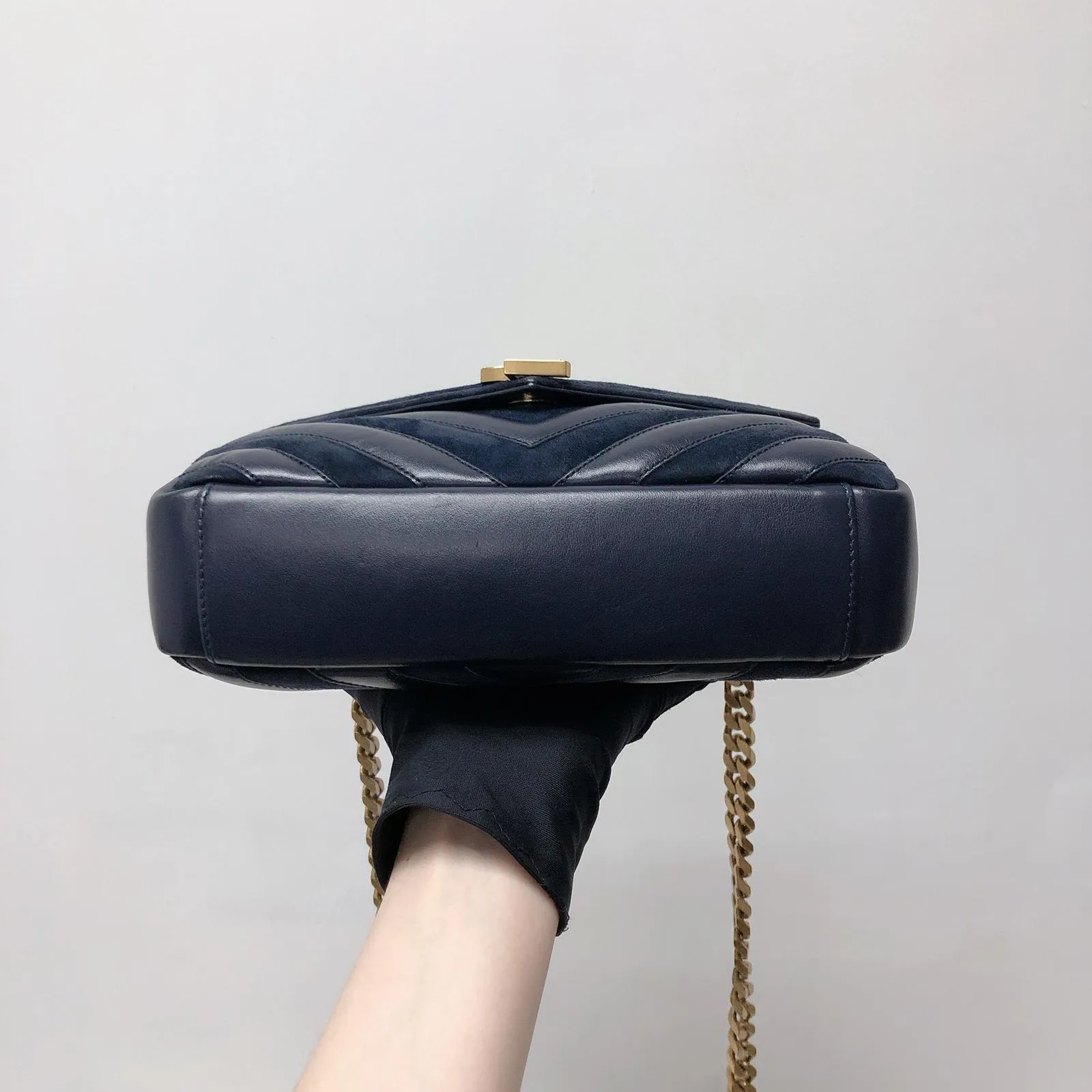 Chevron Quilted Leather Monogram Medium College Bag Navy Blue
