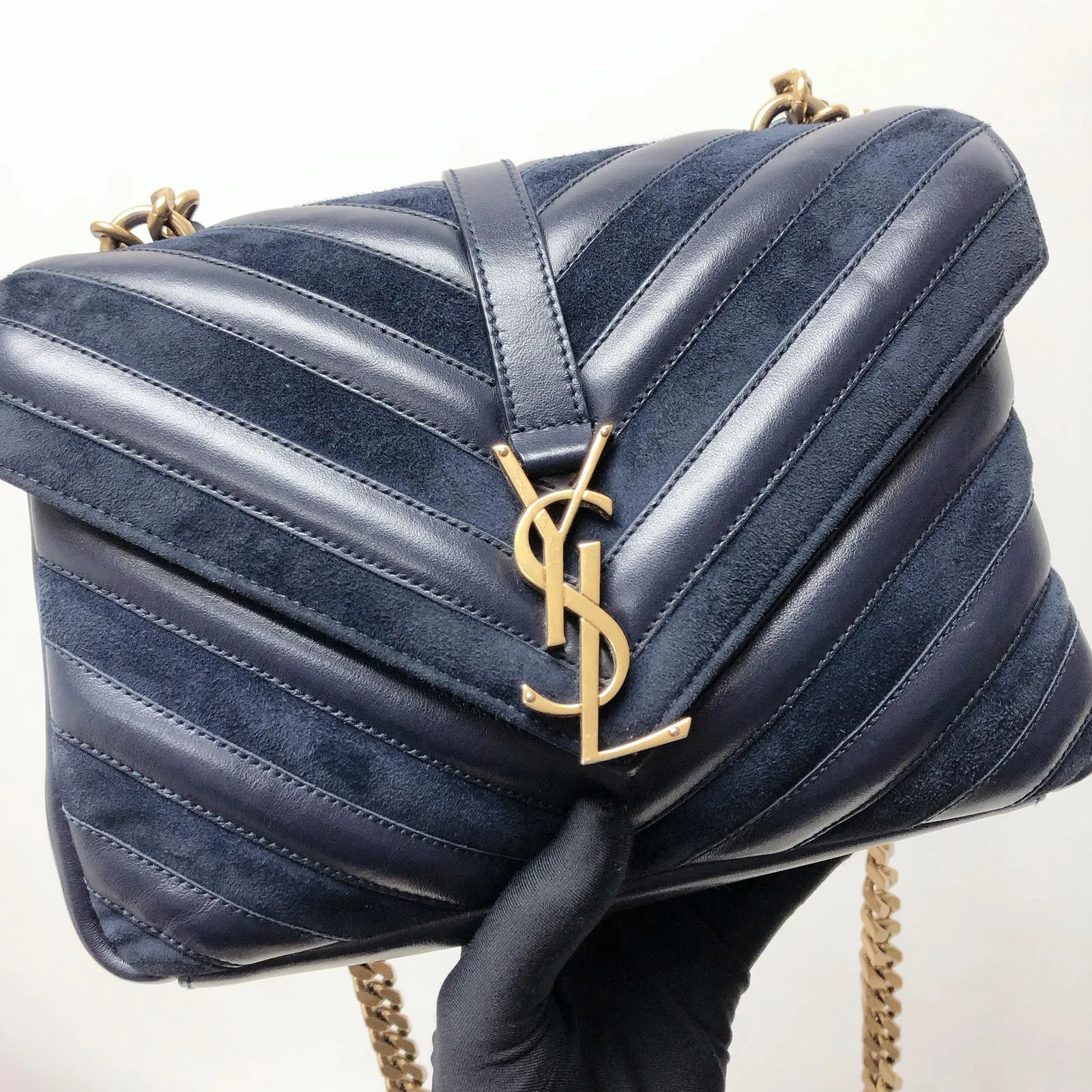 Chevron Quilted Leather Monogram Medium College Bag Navy Blue