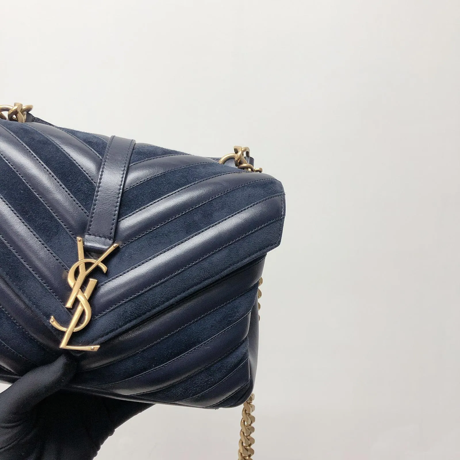 Chevron Quilted Leather Monogram Medium College Bag Navy Blue