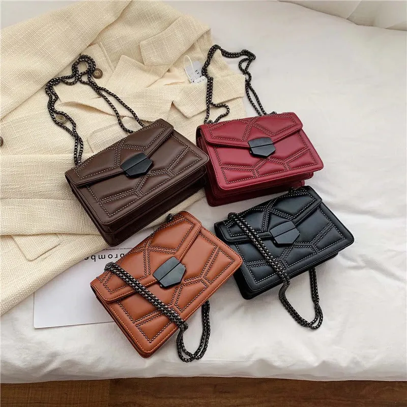 Chic Fashion Upscale Rivet and Chain Patterned Vegan Leather Crossbody Bags