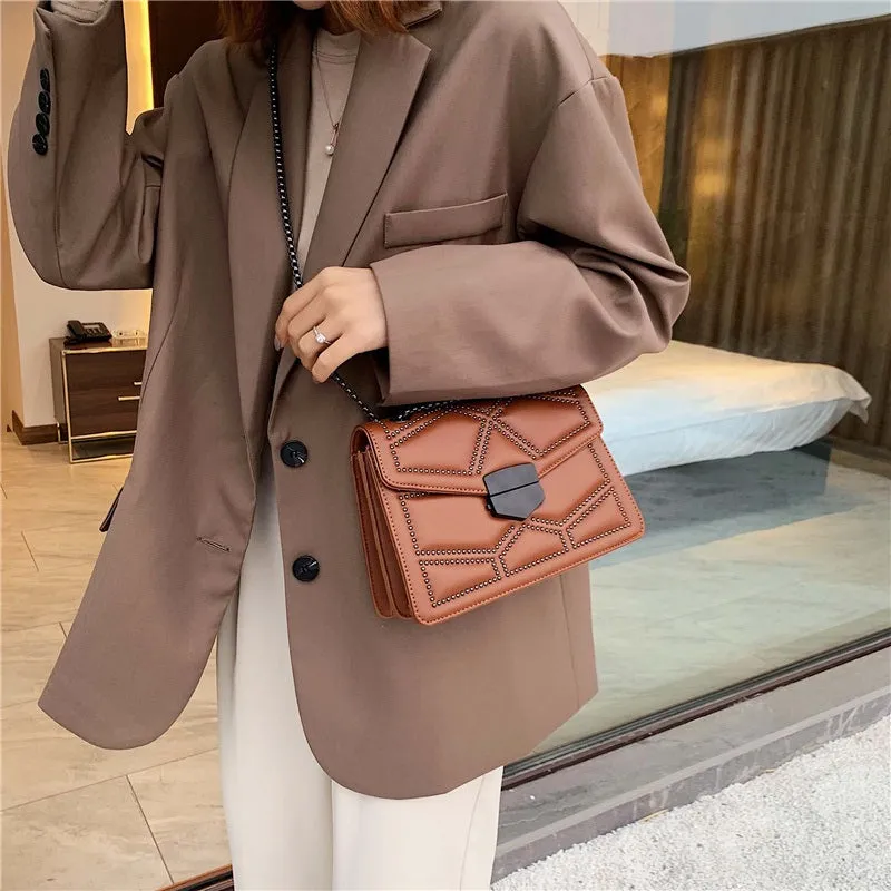 Chic Fashion Upscale Rivet and Chain Patterned Vegan Leather Crossbody Bags
