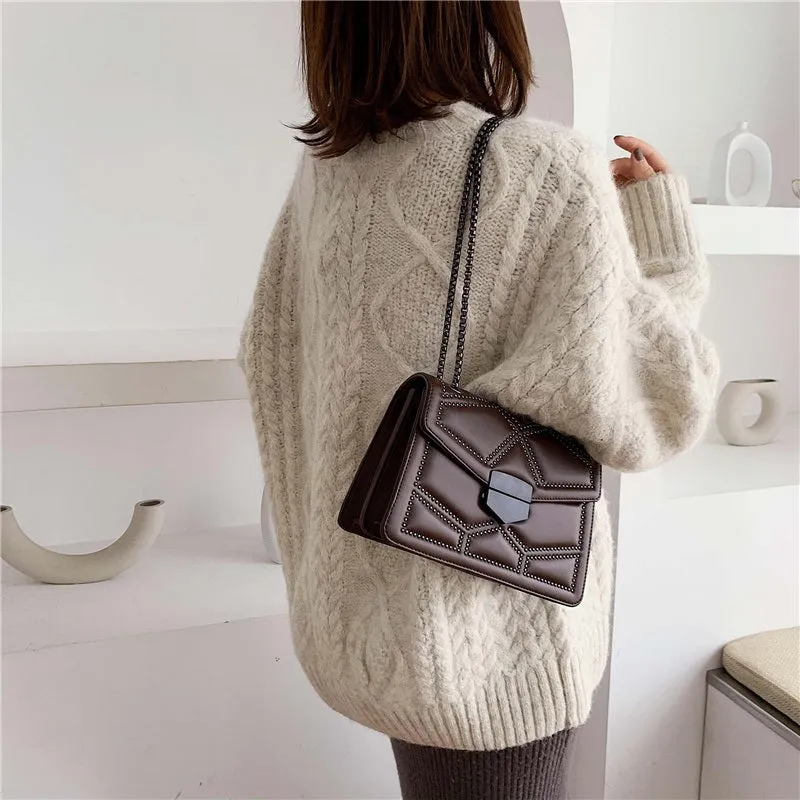 Chic Fashion Upscale Rivet and Chain Patterned Vegan Leather Crossbody Bags