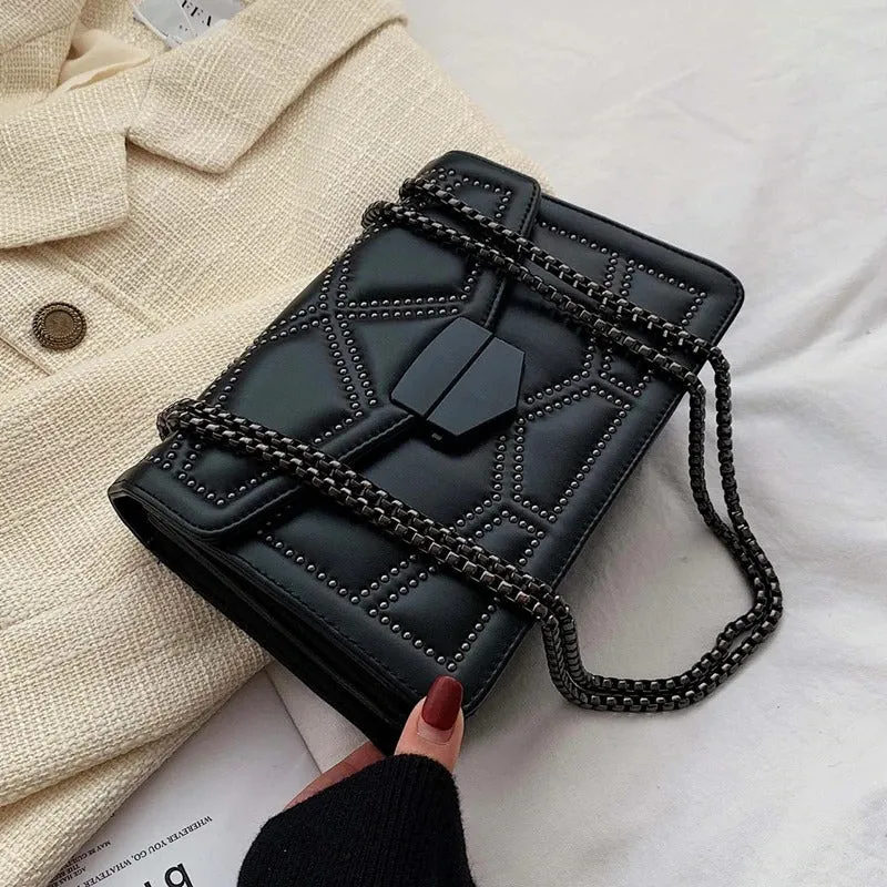 Chic Fashion Upscale Rivet and Chain Patterned Vegan Leather Crossbody Bags