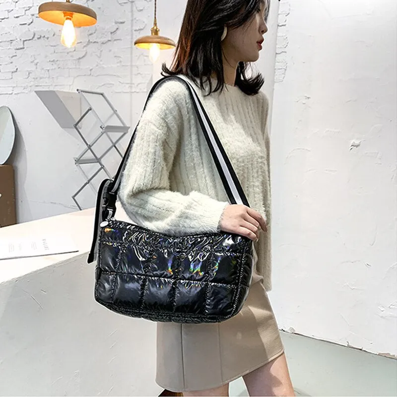 Christmas Gift Casual Down Cotton Women Shoulder Bags Designer Wide Strap Crossbody Bag Space Pad Cotton Feather Bag Lady Large Capacity Tote