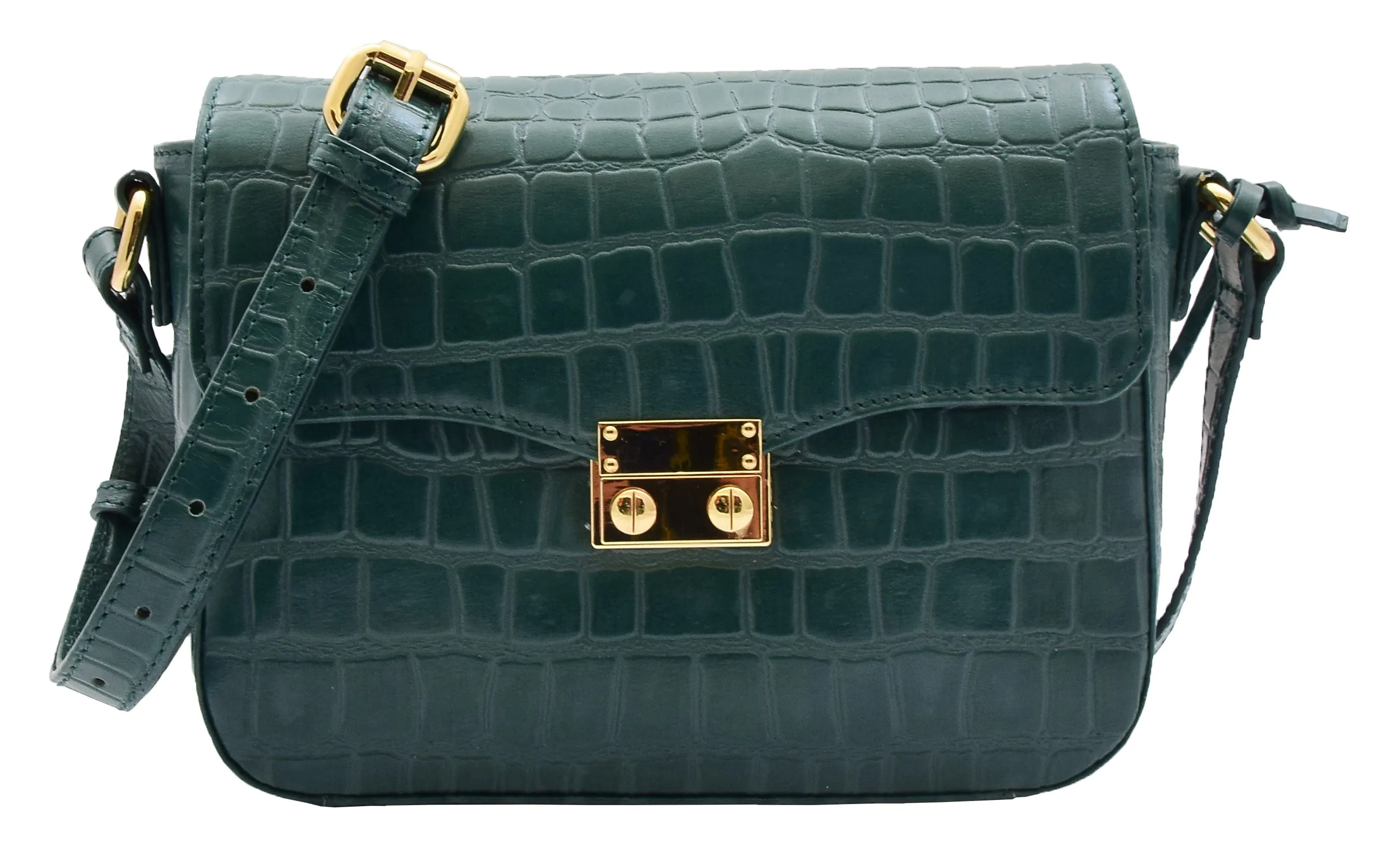 DR297 Women's Cross Body Bag Croc Print Handstitched Leather Handbag Green