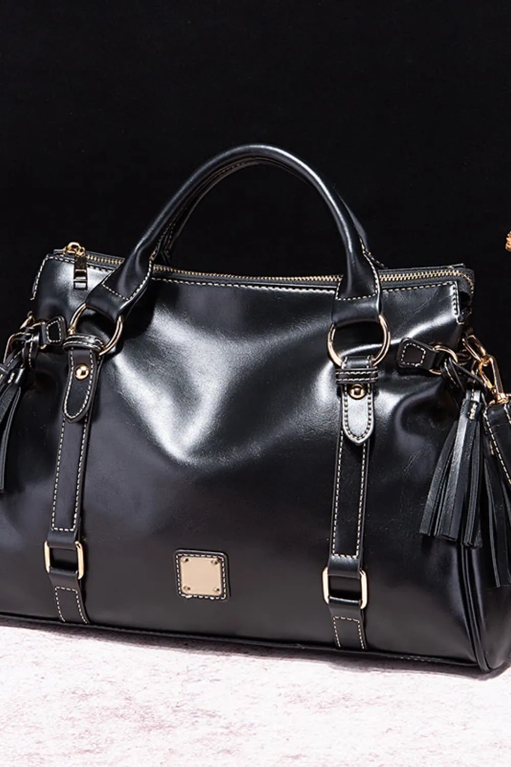 Faux Leather Handbag with Tassels