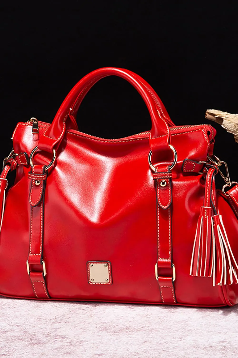 Faux Leather Handbag with Tassels