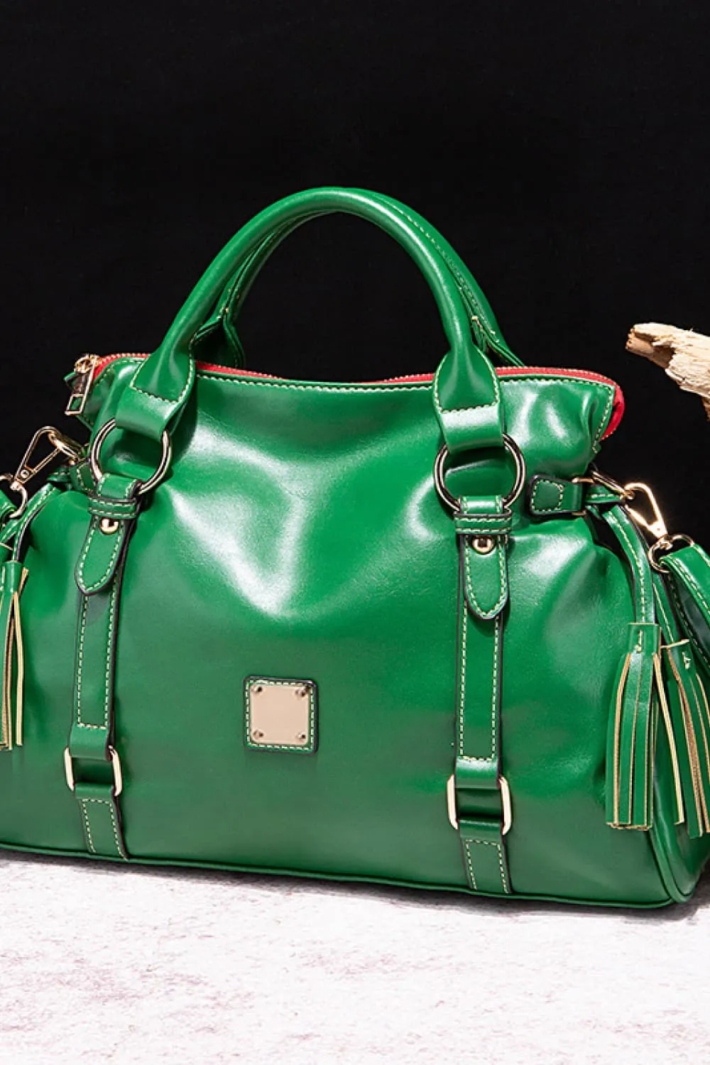 Faux Leather Handbag with Tassels