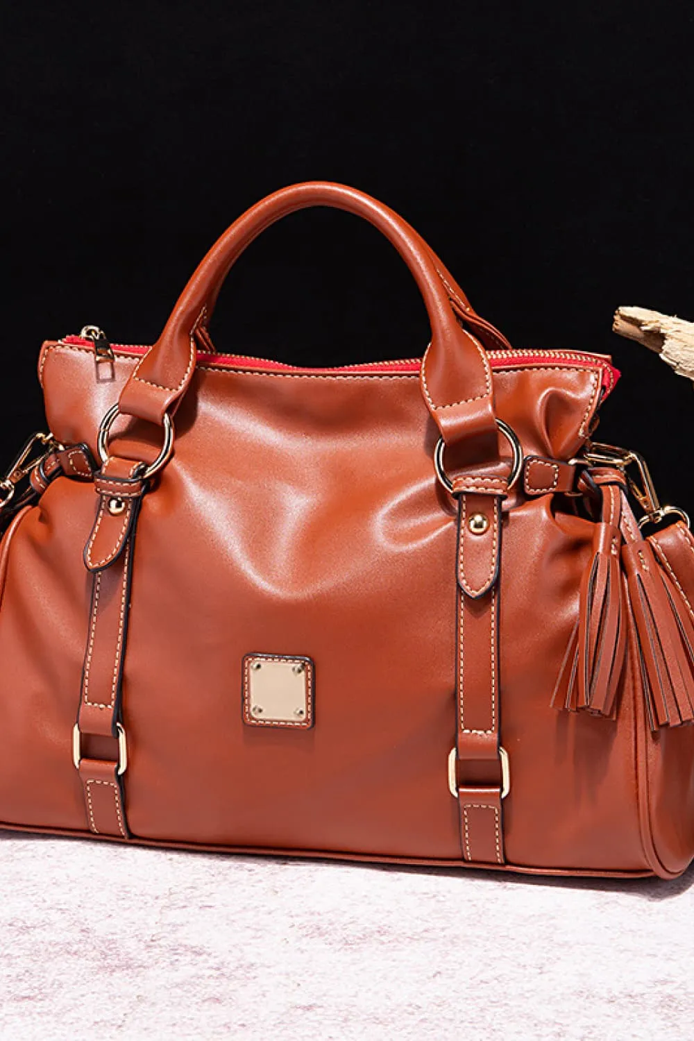Faux Leather Handbag with Tassels