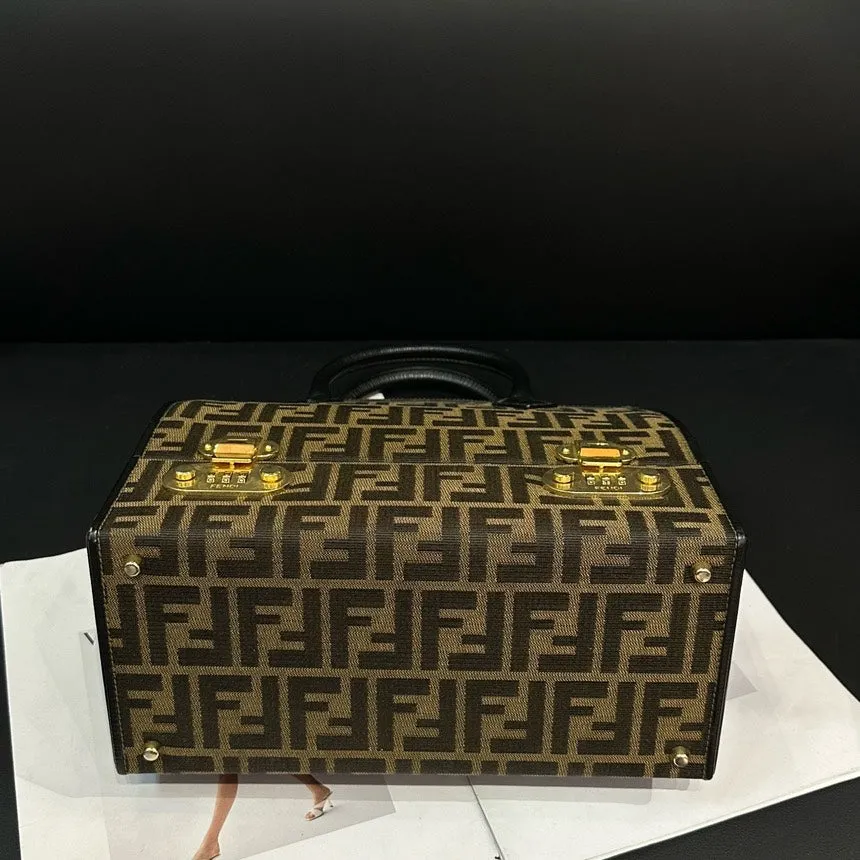 Fendi Brown Canvas Leather Lock Buckle Multi-Use Makeup Bag 27cm