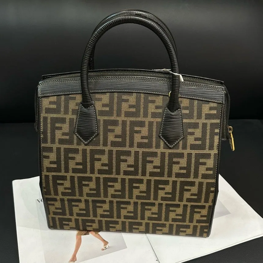 Fendi Brown Canvas Leather Lock Buckle Multi-Use Makeup Bag 27cm
