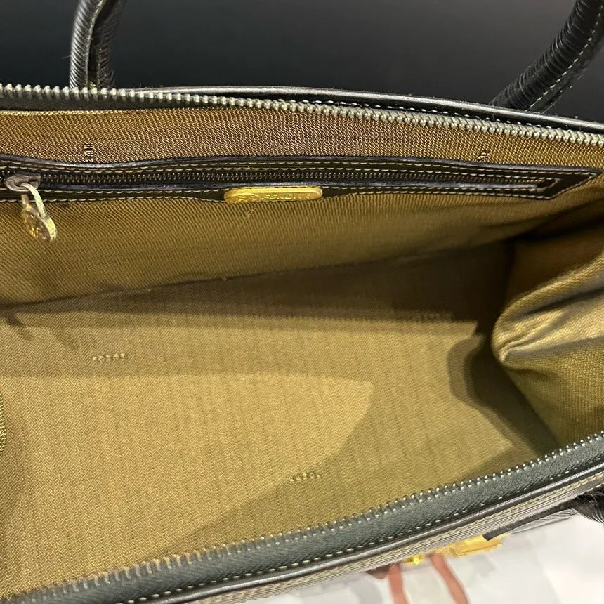 Fendi Brown Canvas Leather Lock Buckle Multi-Use Makeup Bag 27cm