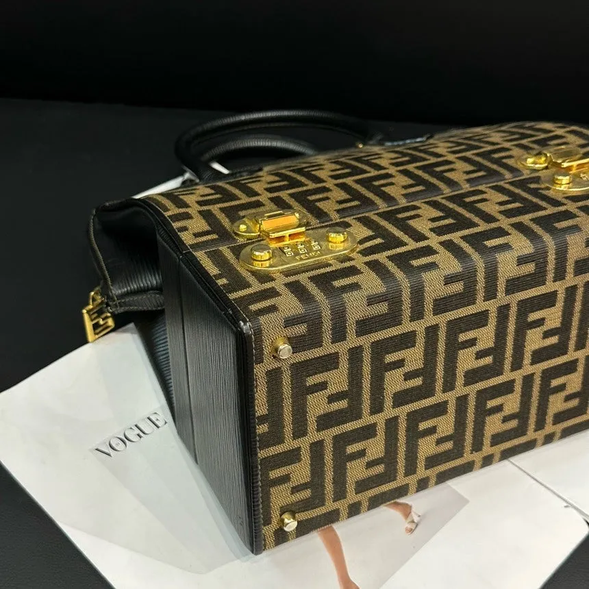 Fendi Brown Canvas Leather Lock Buckle Multi-Use Makeup Bag 27cm