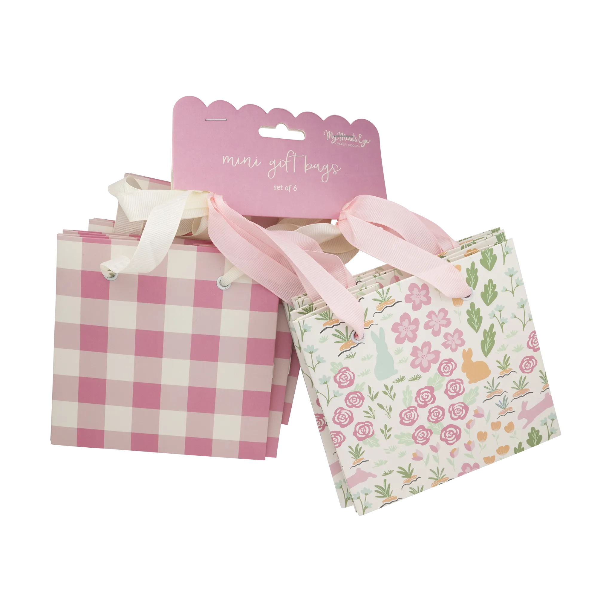 Garden Scatter/Pink Gingham Gift Bag Set - 6 pk