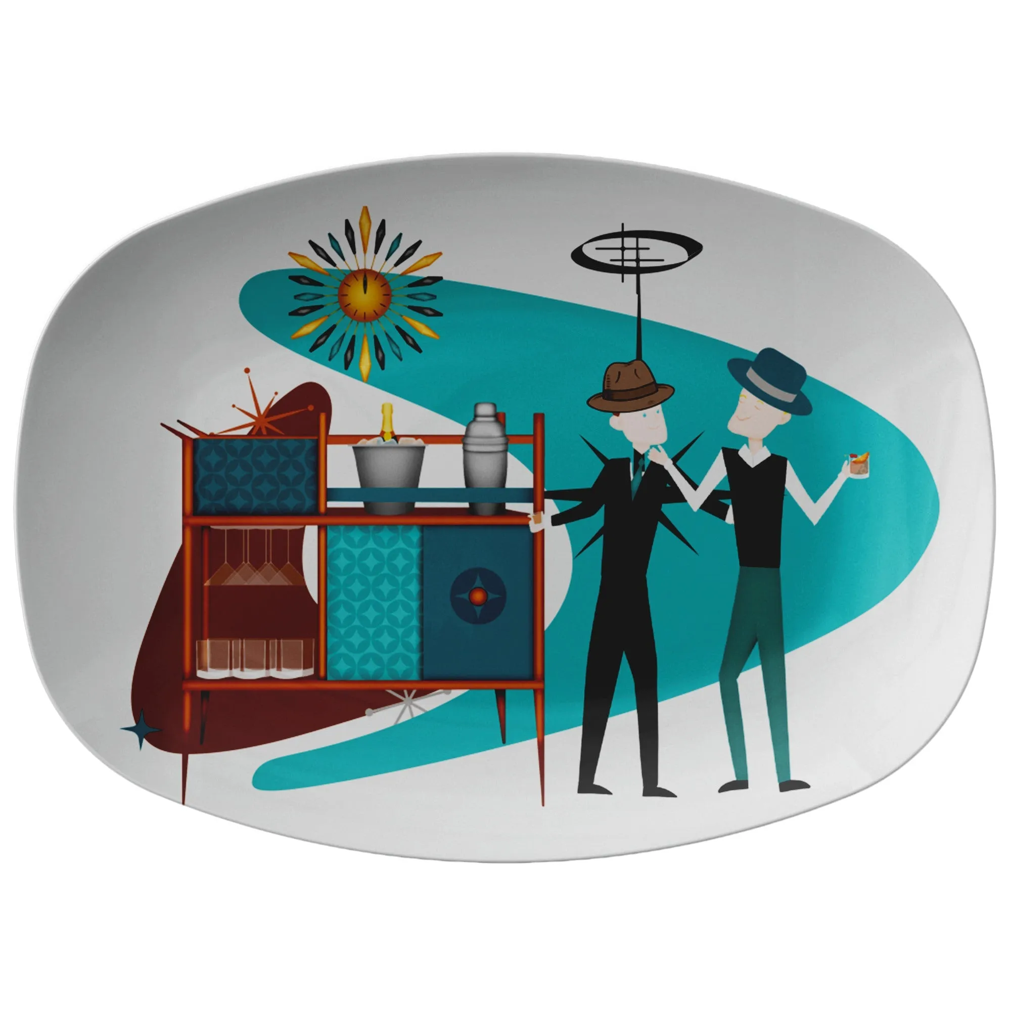 Mid Century Modern Party Platter, Gay Man Couple, Kitschy 50s Vibe, Fedora Hats, Retro Style