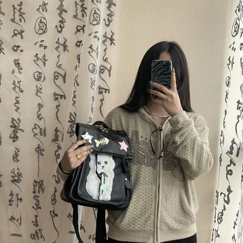 Sohiwoo Kawaii Cat Print Womens Backpack Pu Leather Y2k Spice Girls Designer Bag Black Casual College Style High Capacity Backpack