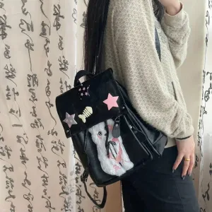 Sohiwoo Kawaii Cat Print Womens Backpack Pu Leather Y2k Spice Girls Designer Bag Black Casual College Style High Capacity Backpack