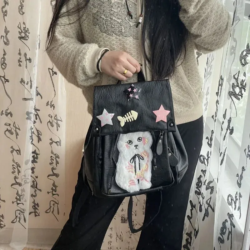 Sohiwoo Kawaii Cat Print Womens Backpack Pu Leather Y2k Spice Girls Designer Bag Black Casual College Style High Capacity Backpack