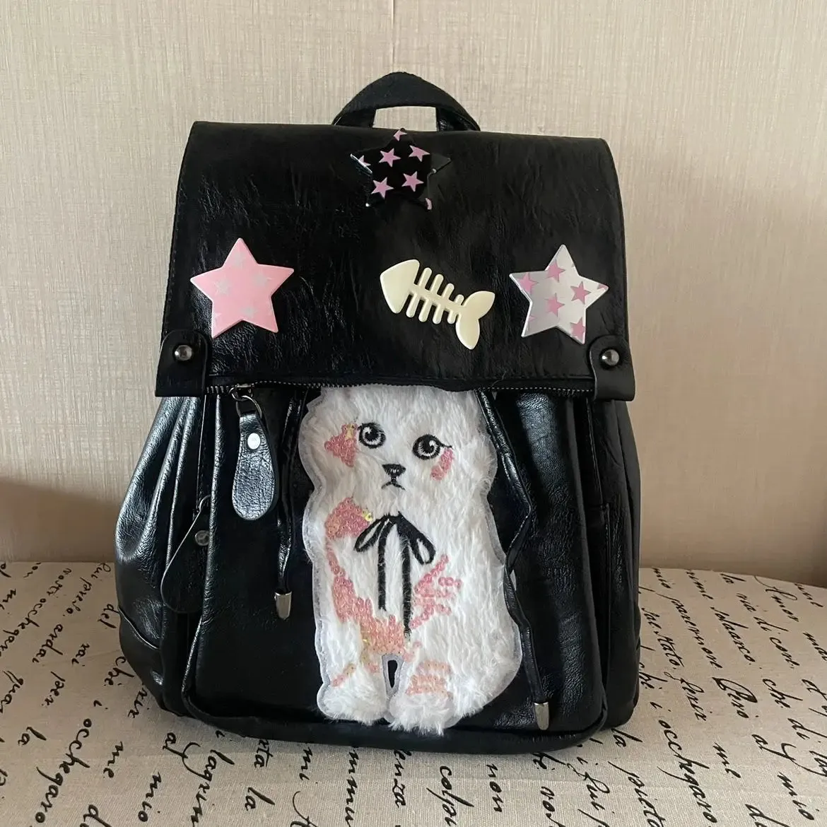 Sohiwoo Kawaii Cat Print Womens Backpack Pu Leather Y2k Spice Girls Designer Bag Black Casual College Style High Capacity Backpack