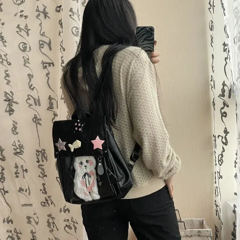 Sohiwoo Kawaii Cat Print Womens Backpack Pu Leather Y2k Spice Girls Designer Bag Black Casual College Style High Capacity Backpack