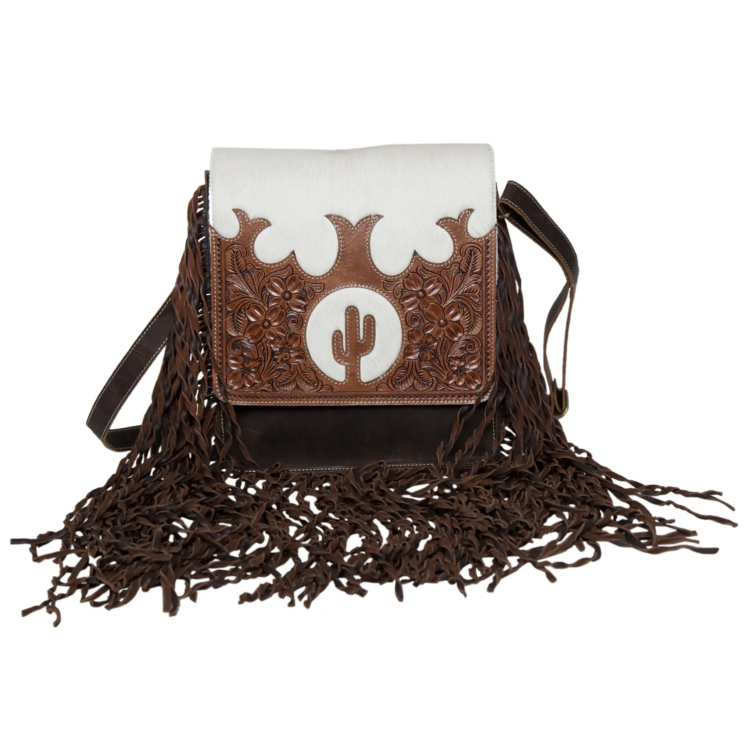 Tooling Leather Flap Sling Cowhide Bag With Fringes  AB79