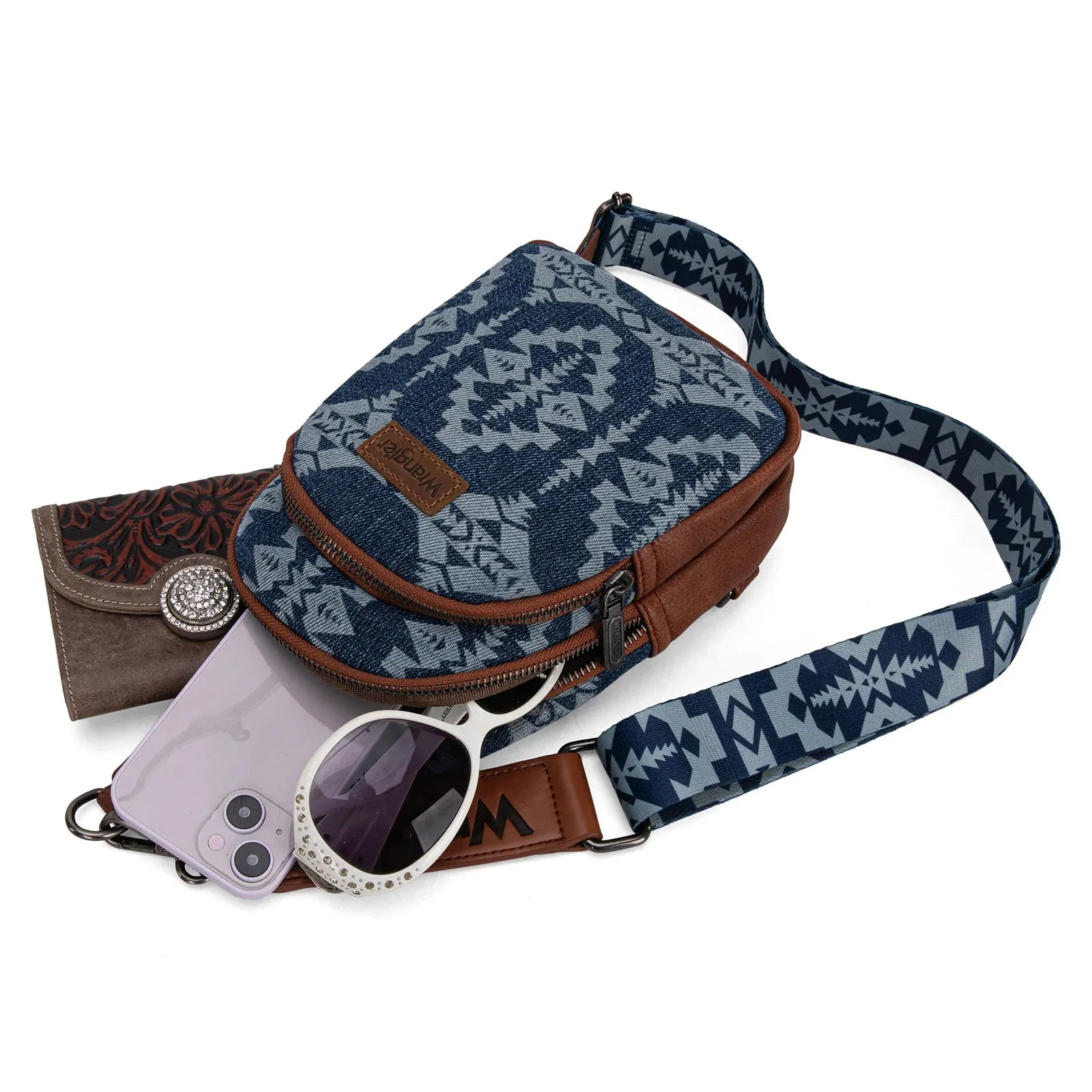 Wrangler Southwestern Print Small Canvas Sling Bag/Crossbody/Chest Bag - Jean