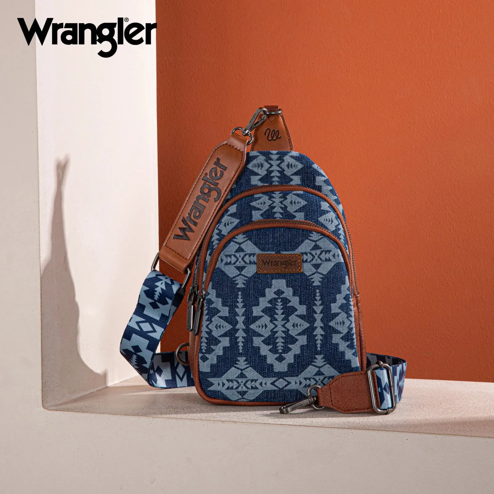 Wrangler Southwestern Print Small Canvas Sling Bag/Crossbody/Chest Bag - Jean