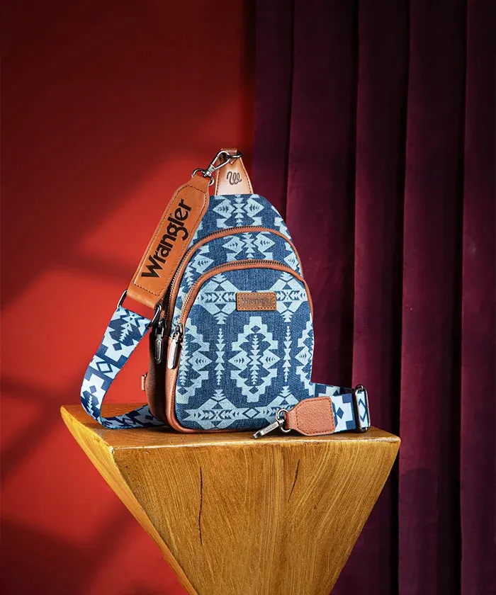Wrangler Southwestern Print Small Canvas Sling Bag/Crossbody/Chest Bag - Jean